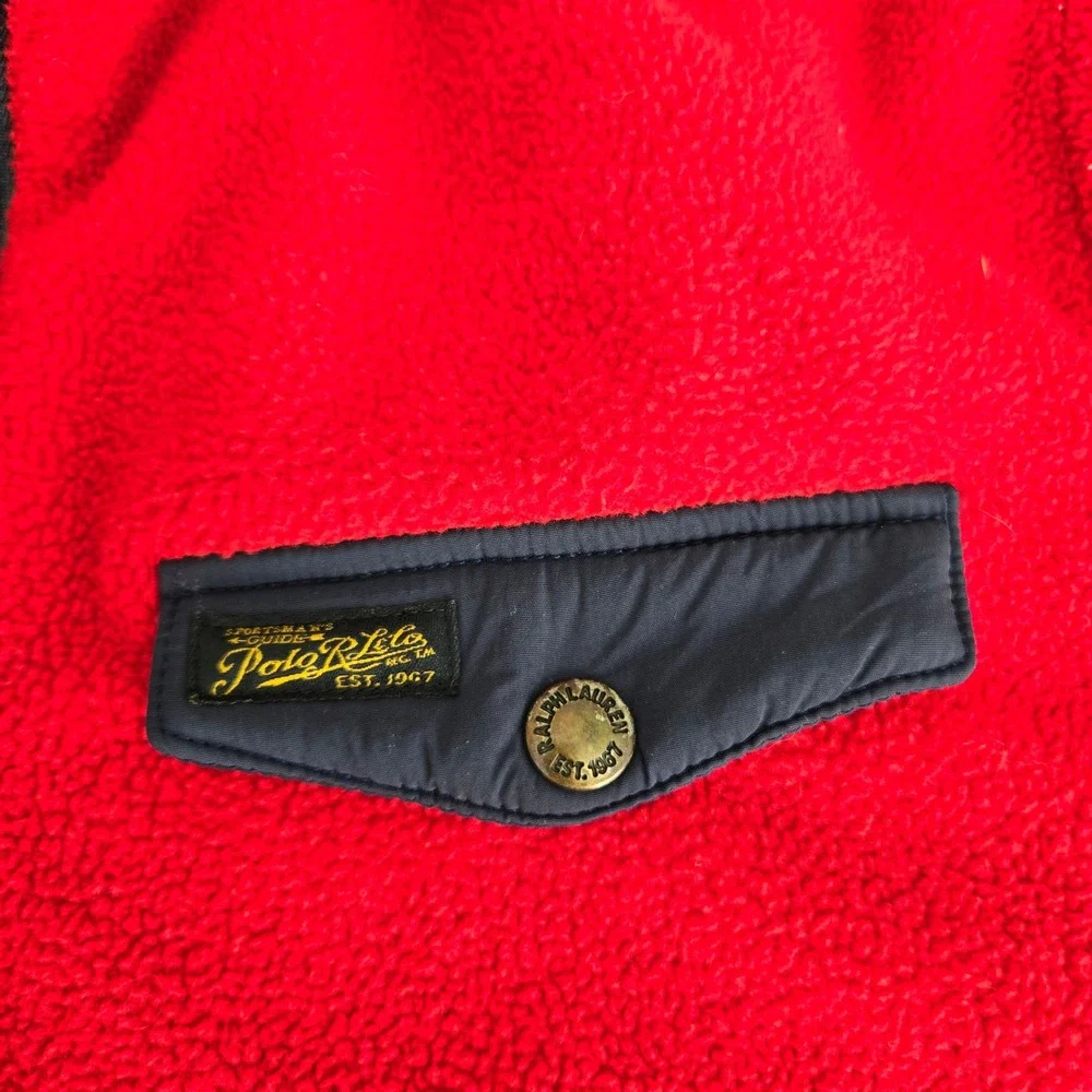 Polo Ralph Lauren Mens Red Fleece Quarter Zip Pullover Navy Pocket Y2K